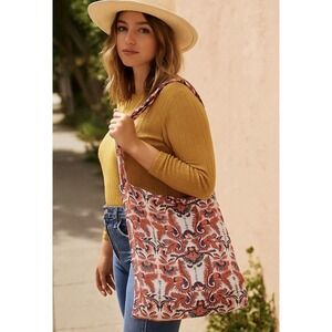 Free People Orange Navy Paisley Floral Slouchy Tote Bag Boho Shoulder Bag